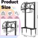 Garden Hose Holder, Metal Water Hose Holder with Storage Basket, Heavy Duty 4 Spikes Hose Hanger Holds 150 Feet Hoses, Freestanding Hose Storage Reel Rack for Outdoor Yard Lawn,Line