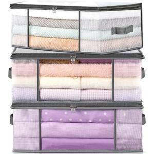 LANDNEOO 3-Pack Clothes Storage Bags, Plastic Foldable Blanket Storage bins, Closet Organizer Container for Bedroom, Bedding, Comforters, Pillows, and Clothing - 35L with Handles