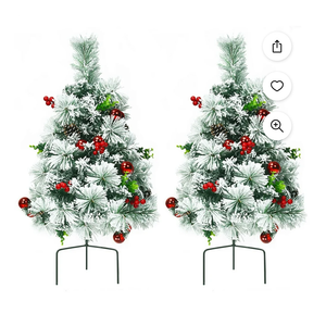 Set of 2 24in Battery Powered Pre-lit Pathway Flocked Christmas Trees Outdoor