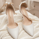 Wedding Shoes for Bride Block Low High Heels Point Toe Closed Toe Wedding Heels Bridal Shoes Ankle Strap Heels Lace Elegant Leather 38