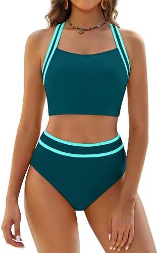 BMJL Women's High Waisted Bikini Sets Two Piece Swimsuits Sporty Tummy Control Bathing Suit Color Block Swim Suit Large