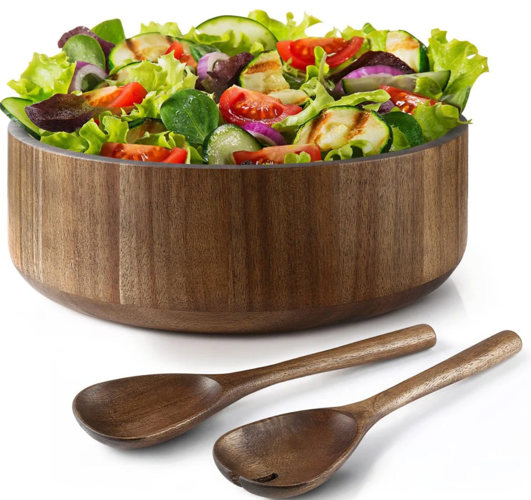 SullyHome 12" Acacia Wood Salad Bowl with Serving Spoons