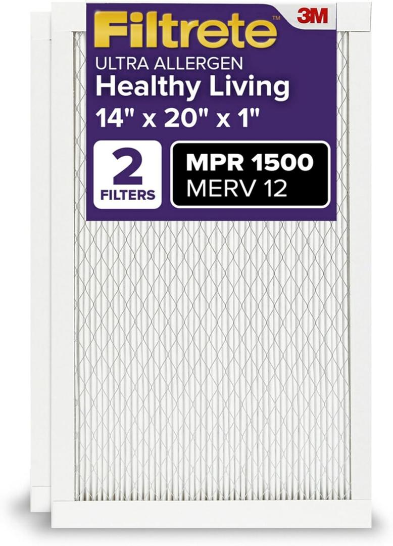 Filtrete 14x20x1 AC Furnace Air Filter, MERV 12, MPR 1500, CERTIFIED asthma & allergy friendly, 3 Month Pleated 1-Inch Electrostatic Air Cleaning Filter, 2-Pack (Actual Size 13.81x19.81x0.78 in)