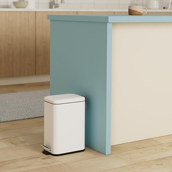 Homie Soft Close, Slim Trash Can 3.2 Gallon with Anti  Bag Slip Liner and Lid, Use as Mini Garbage Basket, Slim Dust Bin, or Decor in Bathroom, Restroom, Kitchen, or Bedroom (Shiny White)