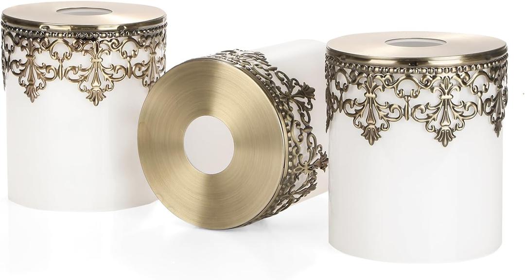 3 Pack White Frosted Glass Shades with Ornate Metal Design Vintage Inspired, Modern Elegance 1-5/8" Fitter Soft Lighting for Bedroom & Living Room (Milky White-Decorative Pattern)