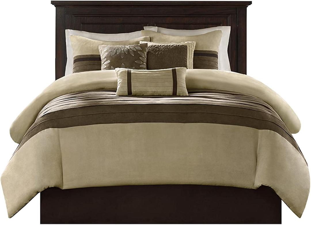 Madison Park Palmer Comforter Set-Luxury Faux Suede Design, Striped Accent, All Season Down Alternative Bedding, Matching Shams, Decorative Pillow, Bed Skirt, Queen (90 in x 90 in), Natural 7 Piece