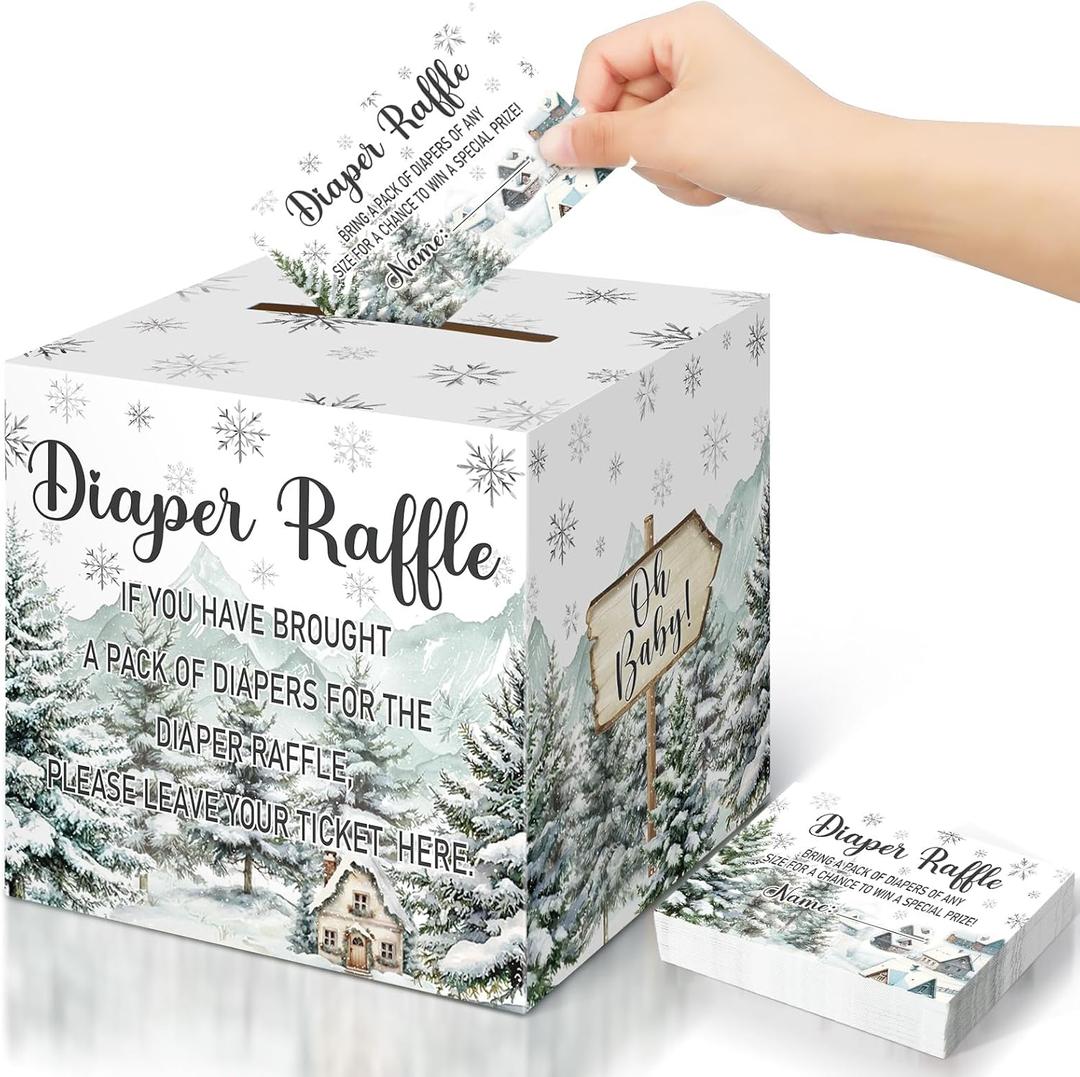Teling 51 Pieces Diaper Raffle Tickets with Card Box Baby Shower Decorations Gender Reveal Holder Box for Girl Boy Diaper Raffle Party (Baby It's Cold Outside)