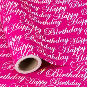 WRAPAHOLIC Reversible Wrapping Paper - Mini Roll - 17 Inch X 33 Feet - Hot Pink and Silver Foil Happy Birthday Lettering Design for Holiday, Party, Baby Shower