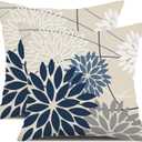 Blue and Gray Floral Pillow Covers 18x18 Set of 2 Outdoor Waterproof White Colored Decorative Throw Pillows Summer Pillowcase Polyester Cushion Case Decor for Couch Patio Funiture Garden Porch 01B18 (Dark Blue Grey)