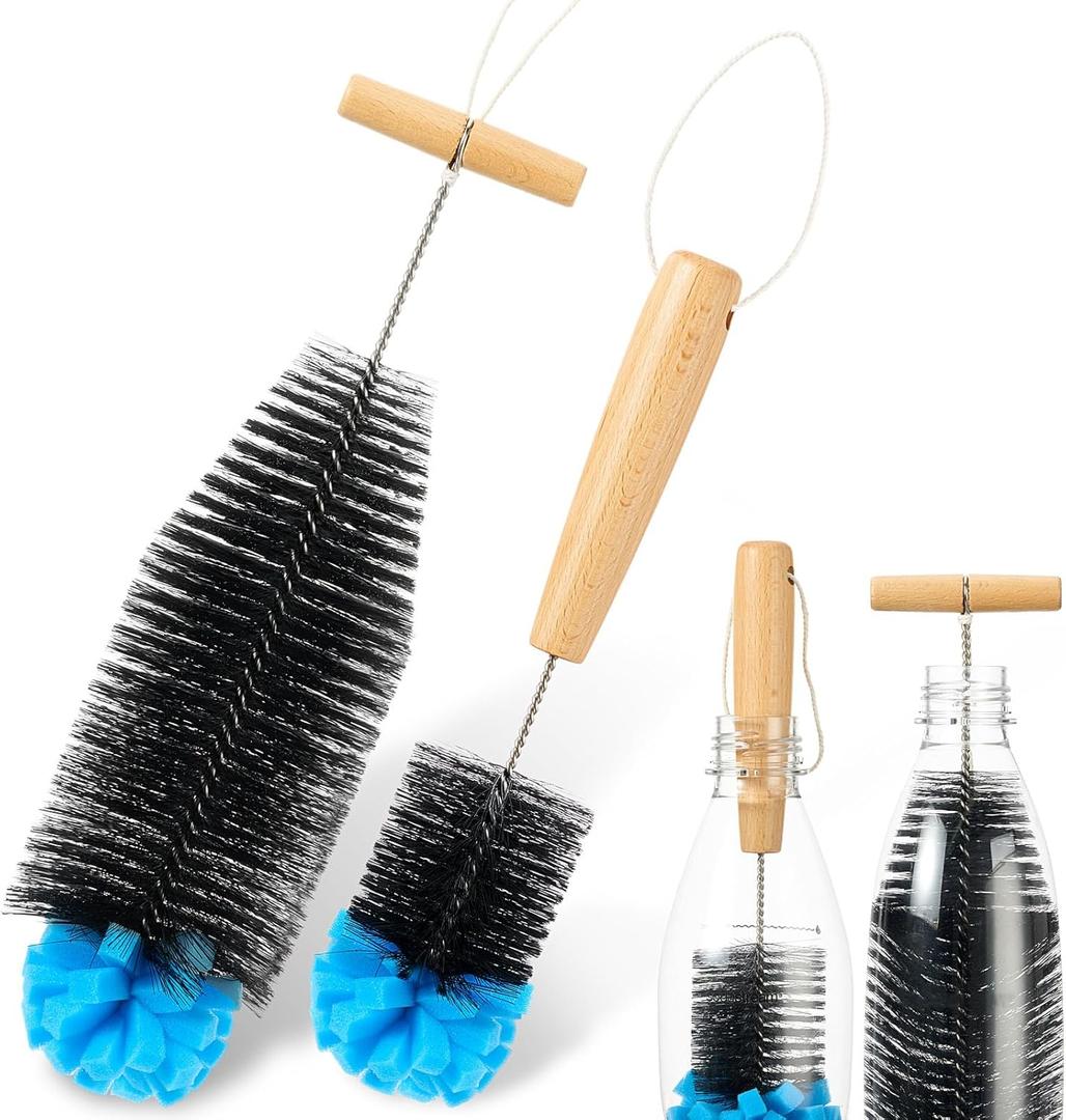 2 Pack Sponge Bottle Brush Compatible with SodaStream, Soda Bottle Cleaner Brush with Gentle & Anti-Scratch Bristles, Wood Handle for Glassware Cleaning, Black