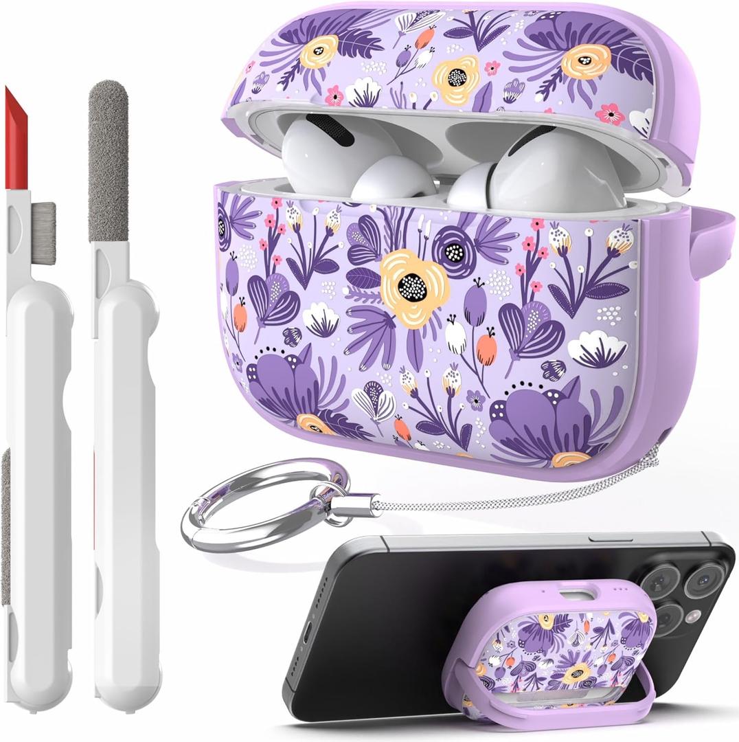 TATOFY Lock Case for Airpods Pro Case, Flowers Hard iPod Pro Cover for Women Girls with Phone Stand Cleaner Kit (Lavender, AirPods Pro 2 & Pro)