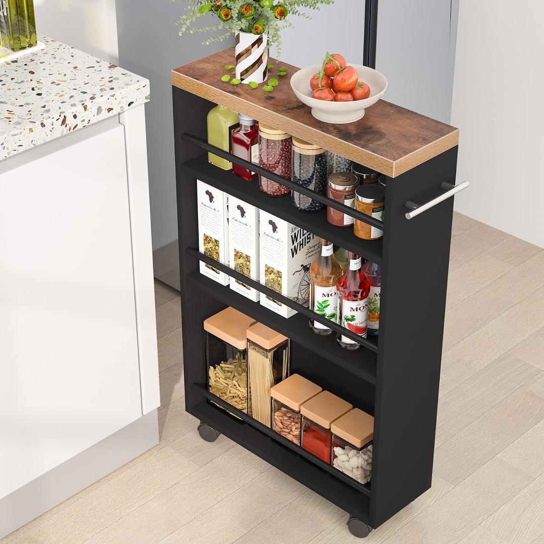 Tribesigns Slim Storage Cart, Rolling Narrow Kitchen Cart on Wheels for Small Place, 4-Tier Slide Out Slim Utility Cart Skinny Laundry Cart with Handle for Kitchen, Bathroom, Laundry, 6.3"D x 19.69"W x 31.5"H