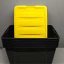 IRIS USA 72 Qt Stackable Plastic Storage Bins with Lids, 6 Pack - BPA-Free, Made in USA - Garage Organizing Solution, Latches, Durable Nestable Containers, Secure Pull Handle - Black/Yellow