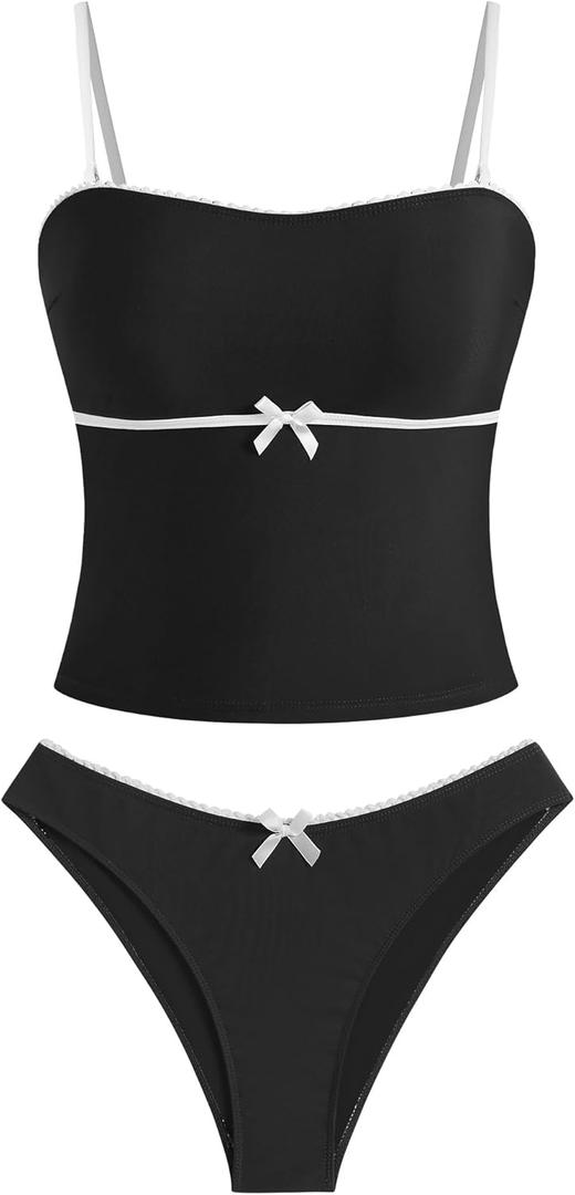 ZAFUL Tankini Swimsuits for Women Bow Tie Side Bathing Suits Tummy Control High Cut Two Piece Bikini Sets (Small, 1-black)