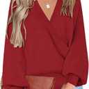 LookbookStore Women's Knit Long Sleeve Faux Wrap Surplice V Neck Sweater Top (Large, Haute Red)