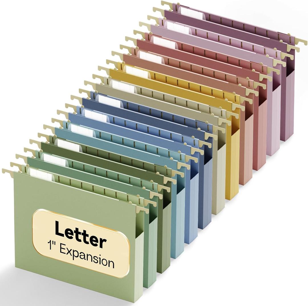 Plastic Hanging File Folders Letter Size,12 Pack Reinforced Filing Cabinet Folders with Tabs,1" Expansion Hanging File Organizer for Home Office,Macaron Heavy Duty Folders for File Frame Box