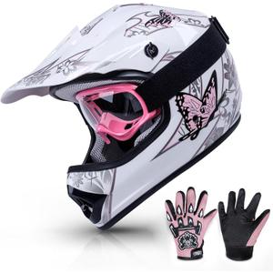 TCMT Youth Dirt Bike Helmet DOT Certified - Kids Full Face Motocross ATV Helmet with Goggles, Gloves and Helmet Bag for Off-Road, BMX, MX, Street Riding (White, S)