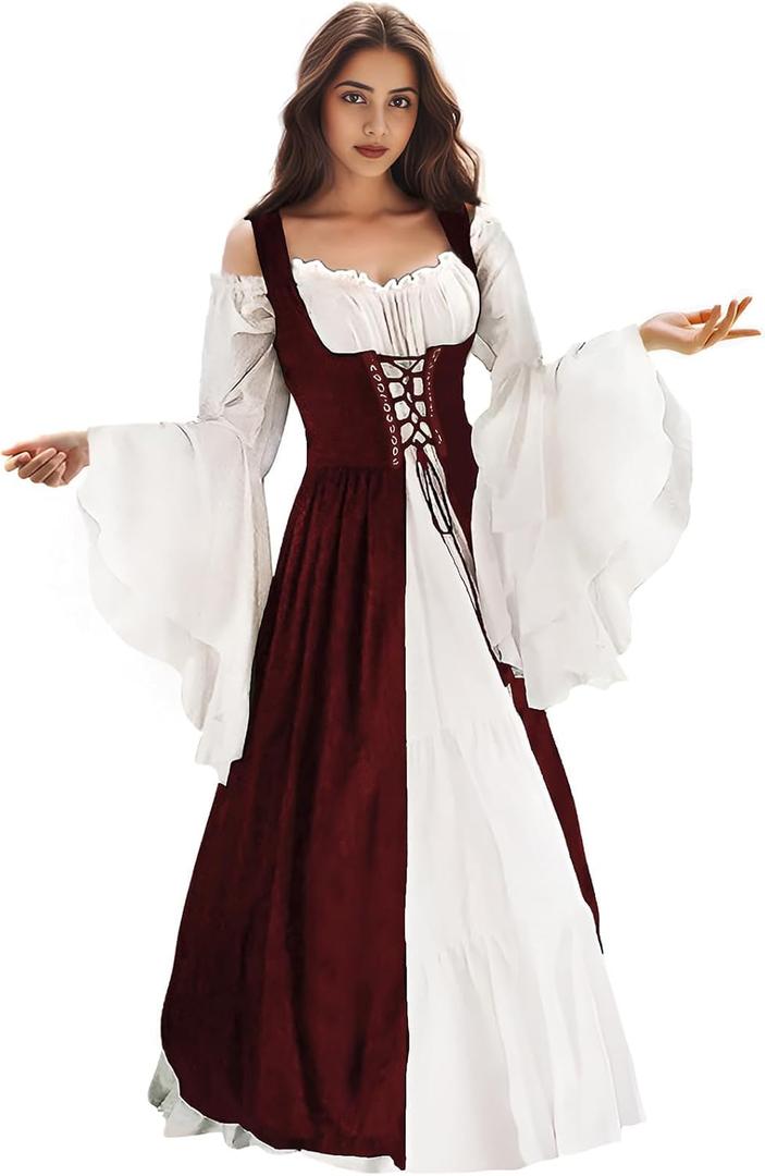 Renaissance Dress Women Medieval Dress Ren Faire Costume Renaissance Outfit Irish Dress Halloween Costume for Women (Small-Medium, Burgundy)
