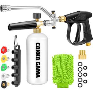 Foam Cannon Dual Connector for Pressure Washer, Car Wash Foam Gun Kit 1/4 Inch Quick Connector, Adjustable Soap Cannon with 5 Pressure Washer Nozzle Tips, Adapter, 1 Liter, A Fluorescent Green Glove