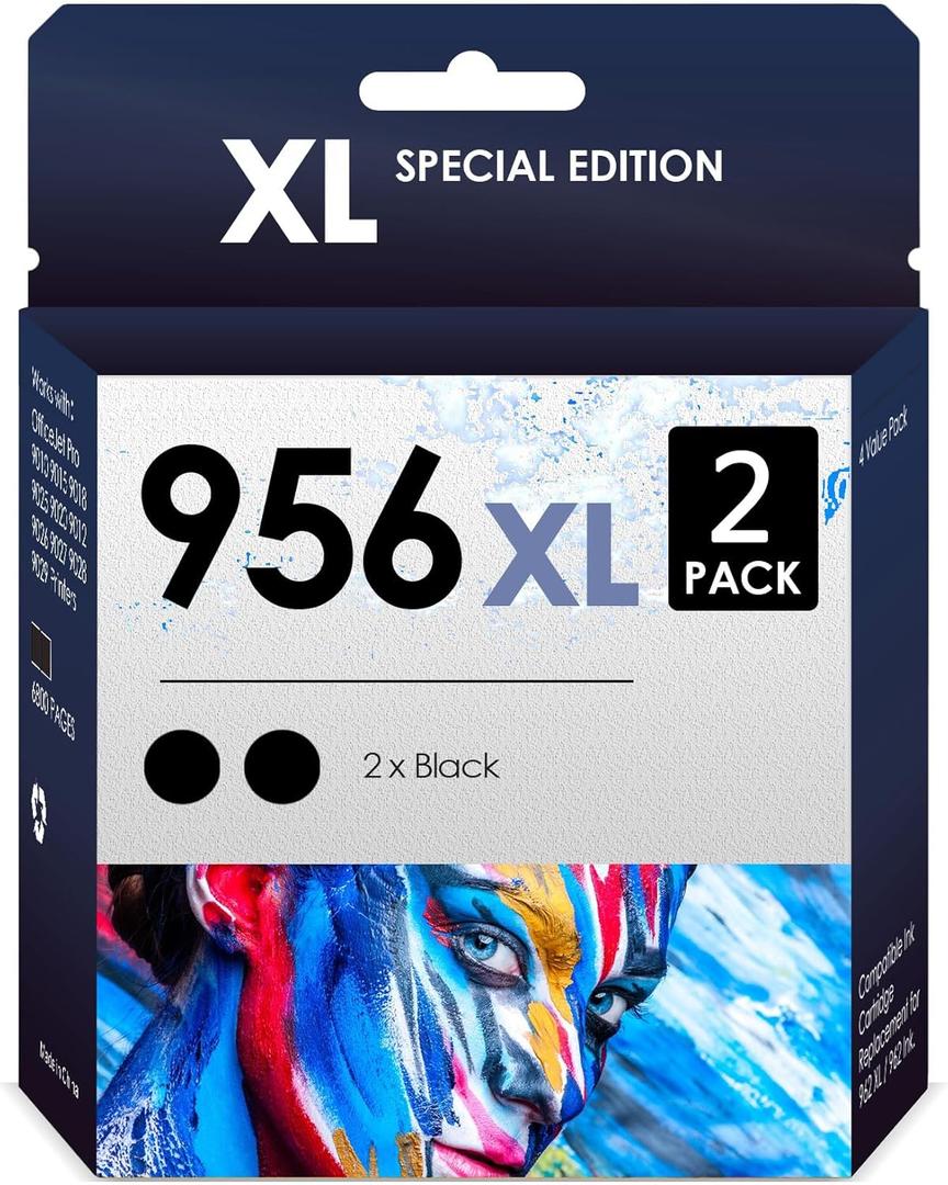 Compatible Inkjet Cartridge Replacement for 956xl. Works with OfficeJet Pro 7720, 7730, 7740, 8200, 8210, 8216, 8218, 8700, 8716, 8718, 8719, 8720 Printers. 2 Pack (Black).