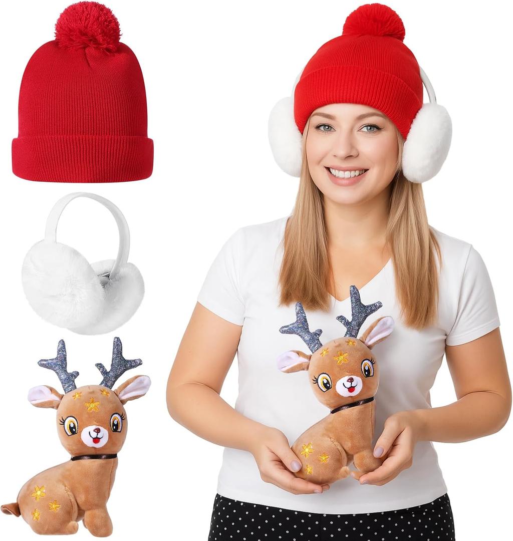 Shihanee 3 Pcs Winter Hat Ear Warmer and Deer Stuffed, Warm Knit Beanie Hat Foldable Ear Warmer Deer Plush Set Winter Gifts for Women