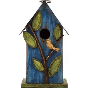 Glitzhome Bird Houses for Outside, 9.7" H Hanging Bird House for Outdoor, Patio Garden Decorative Pet Cottage Distressed Wooden Birdhouse for Bluebird Hummingbird Wren Finch Cardinals, Blue Leaves
