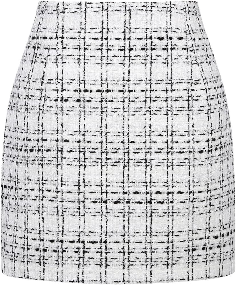 IDEALSANXUN Womens High Waist Plaid Skirt Bodycon Pencil Wool Mini Skirts (Small, White)