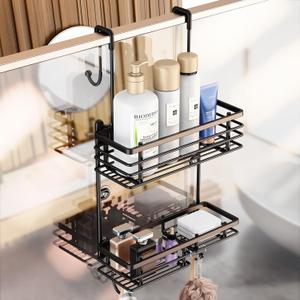 Shower Caddy Over Door, Shower Hanging Organizer, No Drilling Over the Door Shower Storage Caddy with 2-Tier Rack and Hooks, Holds Body Wash, Shampoo, Soap, Razor, Towel, Bathroom Rack Black