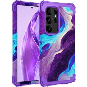 Hocase for Galaxy S24 Ultra Case, Shockproof Heavy Duty Hard Plastic+Soft Silicone Rubber Bumper Hybrid Dual-Layer Protective Case for Samsung Galaxy S24 Ultra 6.8" 2024 - Blue Purple Marble