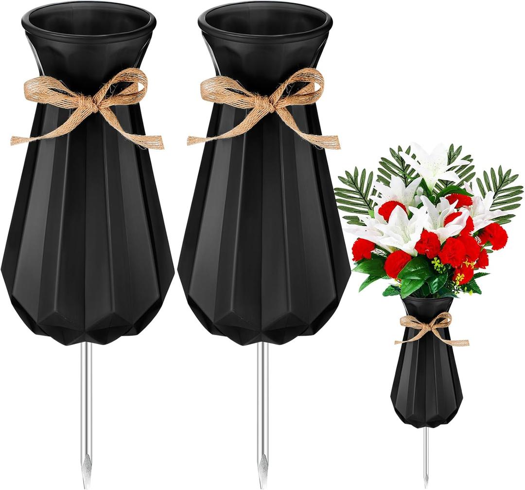 Qinyoung 2 Pcs Cemetery Vase for Grave with Metal Spikes Headstones Memorial Flower Holder Durable Plastic Grave Vases Outdoor Cemetery Decoration for Memorial Gifts Loss of Loved One(Black) 9''