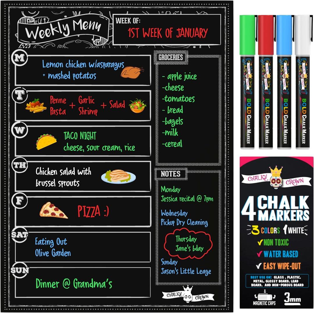 Magnetic Dry Erase Menu Board for Fridge Includes 6 Liquid Chalk Markers - Weekly Meal Planner Blackboard, Grocery List and Notepad for Kitchen Refrigerator - Chalkboard Magnet