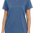 PRIMODA Womens Loose Fit Shirts Casual Short Sleeve Summer Flowy Tunic Tops Plain Long T Shirts (Large, Haze Blue)