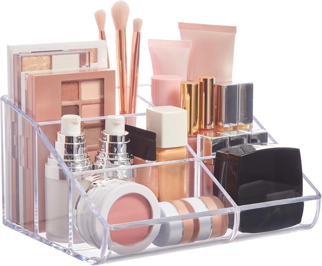 Plastic Vanity Makeup Organizer | 6-Compartment Holder for Brushes, Eyeshadow Palettes, & Beauty Supplies | Curved Front Design