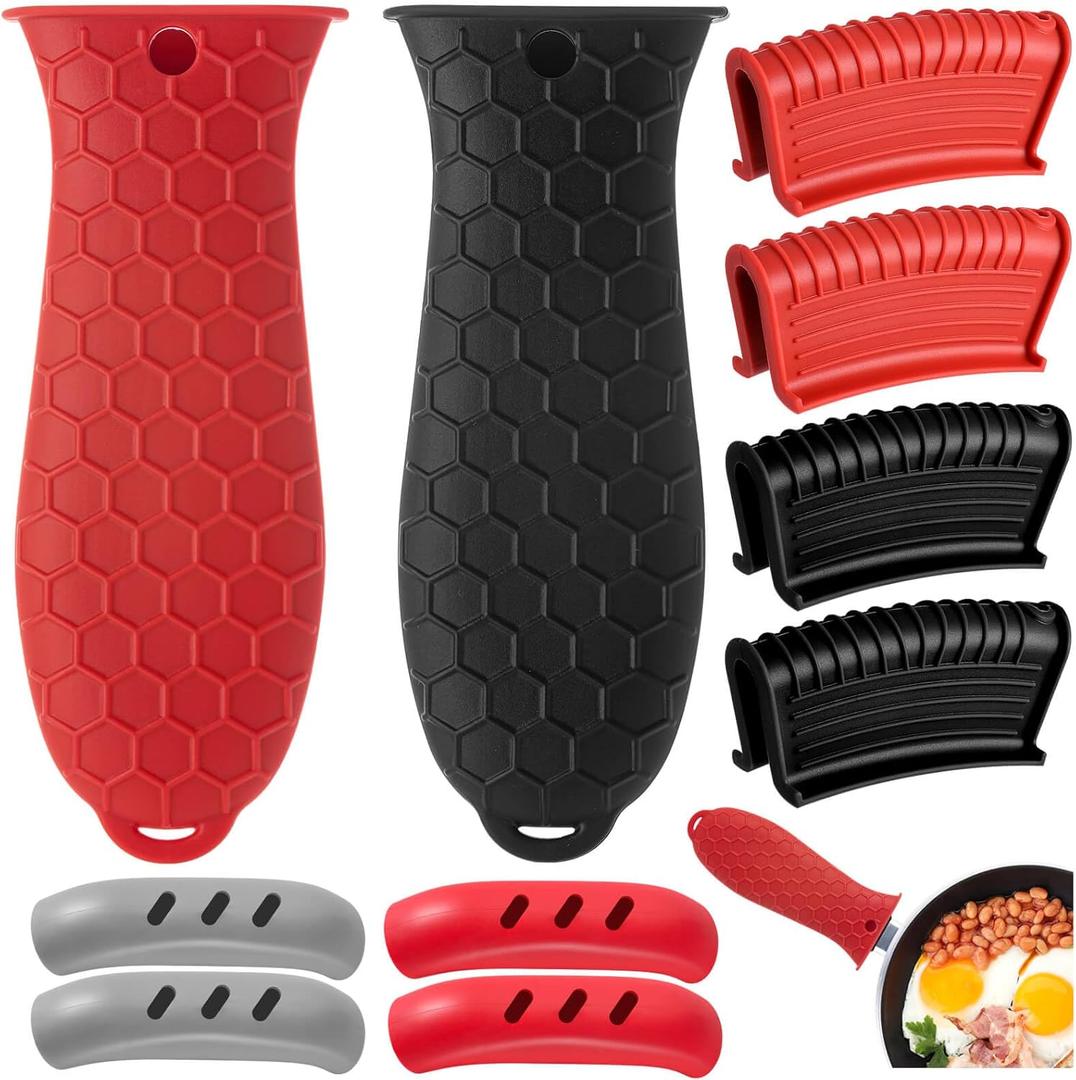 Cast Iron Handle Cover, 10 Packs Silicone Pot Holders, Cast Iron Handle Covers Heat Resistant, Non-Slip Pot Handle Covers, for Frying Cast Iron Skillet Metal Pan (Red&black)
