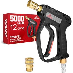 YAMATIC Short Pressure Washer Gun with Swivel, 5000 PSI Power Washer Wand Stubby Trigger Handle with 3/8" Plug & M22-14mm Male Inlet, 1/4" Quick Connect Outlet for Foam Cannon Car Wash Solid Brass, Short Gun