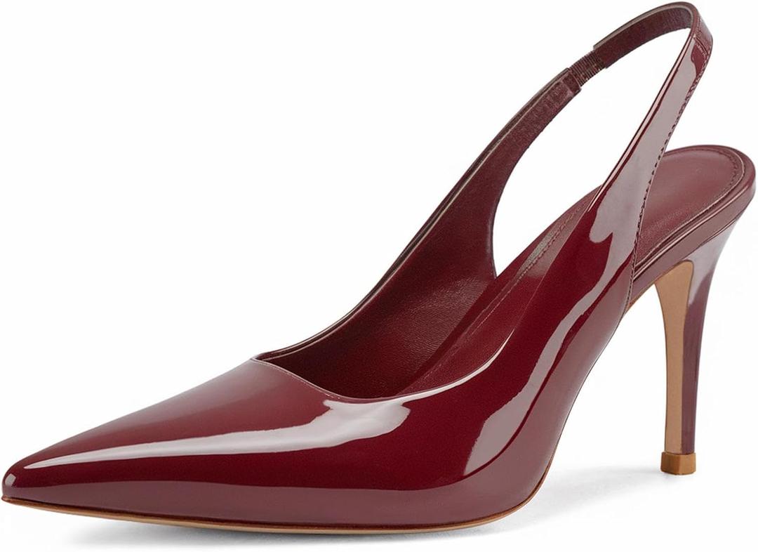 heelchic Slingback Heels for Women Pointed Toe Stiletto Heel Closed Toe Pumps Slip on High Heels 2.95 inch Dress Pumps (Wine Red), Size 9
