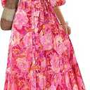 MASCOMODA Womens Floral Maxi Dresses Boho Summer Casual V Neck 3/4 Puff Sleeve Button Down Tie Waist Long Flowy Shirt Dress Size M, Rose Red Flower