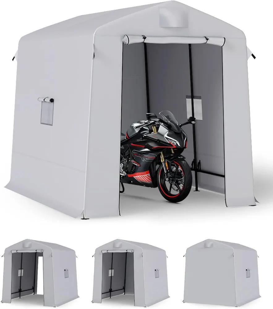 Portable Shed Outdoor Storage Shelter, 6x8x7 ft Instant Waterproof Storage Tent Sheds with Roll-up Zipper Door and Ventilated Windows for Motorcycle, Bike, Garden Tools(Grey)
