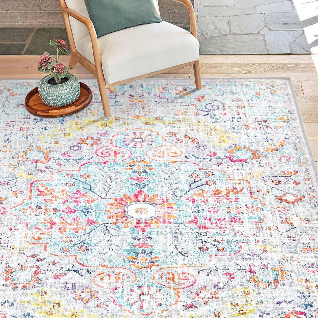 Estmy Washable Rug 5x7 Ultra Thin Colorful Boho Floral Oriental Area Rugs for Bedroom Living Room Dining Room Kitchen Entryway Dorm - Stain Resistant Vintage Distressed Carpet Accent Rugs (4'11" x 6'11" (Rectangular))