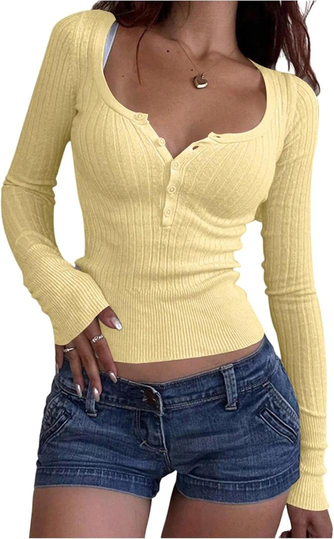 GORGLITTER Women's Lightweight Cropped Sweater Button Up Long Sleeve Scoop Neck Slim Knit Fall Trendy Pullover Tops (Yellow, M)