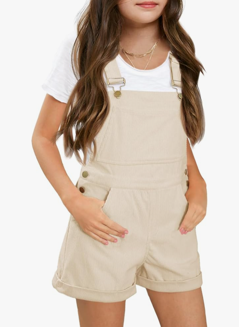 Haloumoning Girls Corduroy Overall Shorts Kids Cute Romper Shortalls with Pockets, M