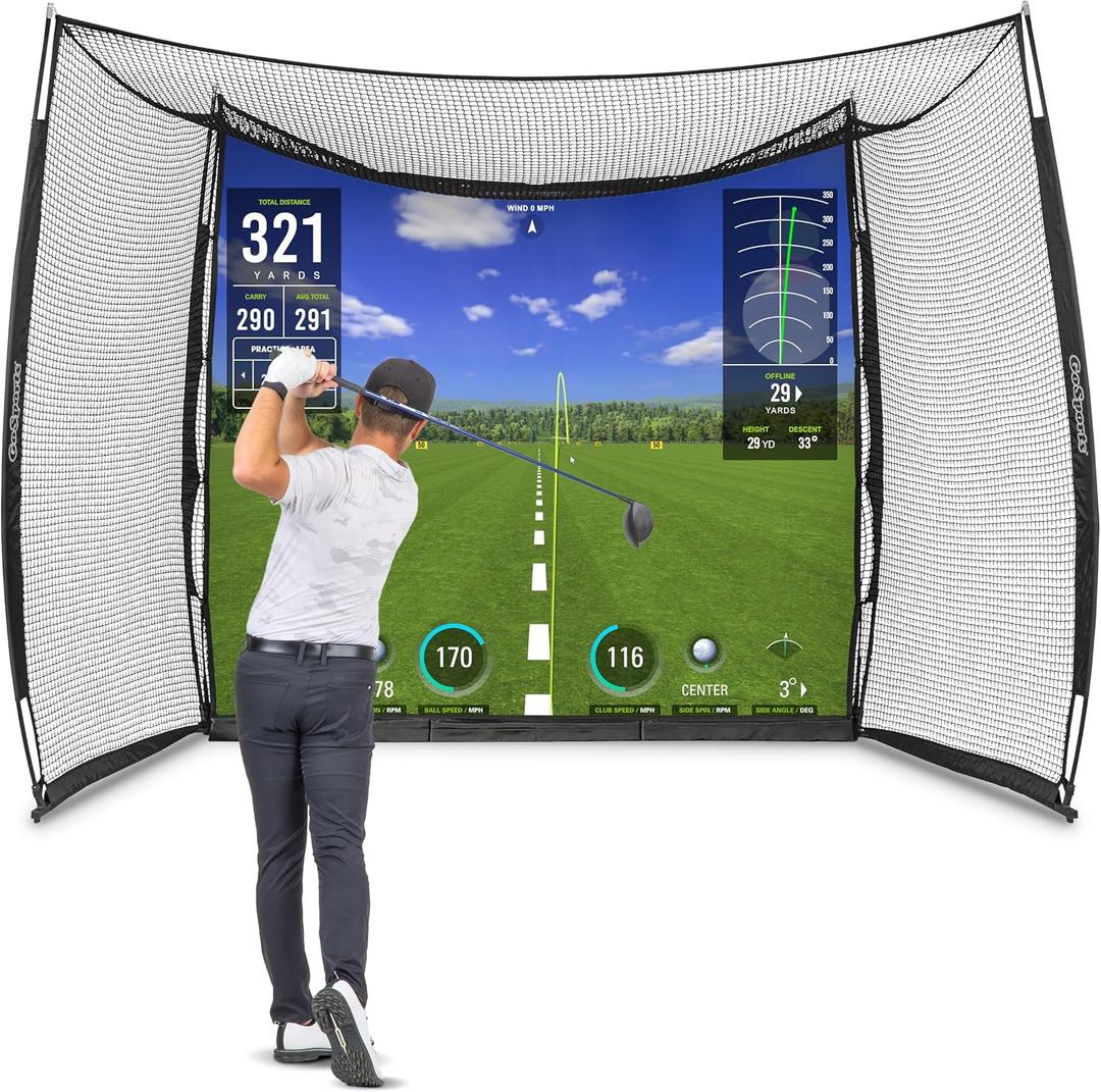 GoSports Range Cage 10 x 8 ft Golf Practice Hitting Net - Choose Between Printed Graphics Impact Screen, Blank Simulator Screen, or Classic Net