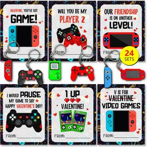 5 x Valentines Day Gifts for Kids Classroom Video Game Keychain, Funny Keyrings with Cards for School Exchange, 24 Sets (Black)
