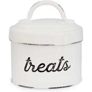 AuldHome Enamelware Cat Treat Container, Small White Rustic Pet Treats Jar
