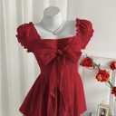 SHENHE Women's Summer Puff Sleeve Peplum Blouse Smocked Tie Bow Coquette Chiffon Shirt Top (Red, M)
