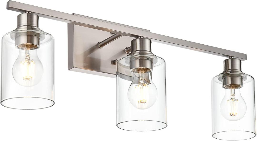 Metal Brushed Nickel 3 Lights Wall Light,Indoor Vanity Light Fixture with Clear Glass Shade Farmhouse Bathroom Lighting Fixtures Over Mirror for Porch Workshop