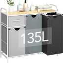 Yecaye Laundry Sorter 3 Section, Laundry Hamper with Shelf and 1 Drawer, 35.7Gal(135L) Clothes Basket Organizer, Pull-Out and Removable Oxford Fabric Laundry Bags for Laundry Room, Bedroom, Bathroom