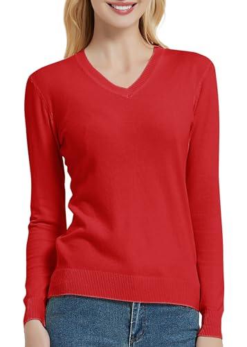 Urban CoCo Women's V Neck Long Sleeve Solid Classic Knit Pullover Sweater Tops Red, XL