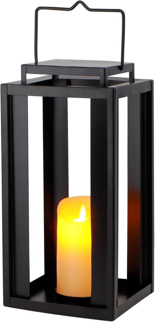 TRIROCKS Large Outdoor Lanterns 17" Decorative Candle Lantern Black Metal Hanging Lantern with LED Flickering Flameless Timer Candle for Home Garden Modern Farmhouse Patio Front Porch Decor (No Glass)