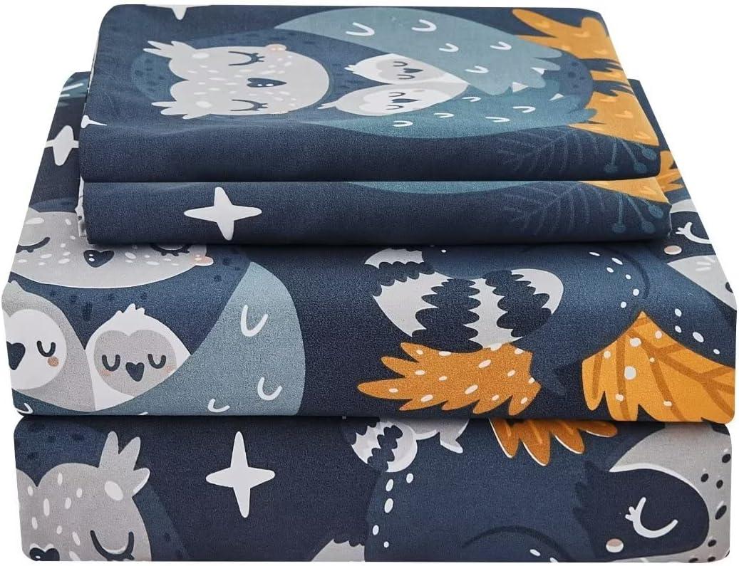 JSD Navy Blue Owl Kids Sheet Set Full Size, 4 Piece Forest Animals Printed Microfiber Bed Sheets Deep Pocket